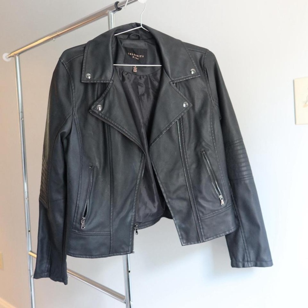 Black faux leather jacket with‎ a glam touch